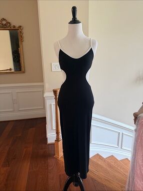 Reformation Black Midi Dress with Cream Trim and Cutouts